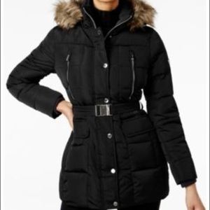 Michael Kors Petite Faux Fur Trim Belted Down Coat